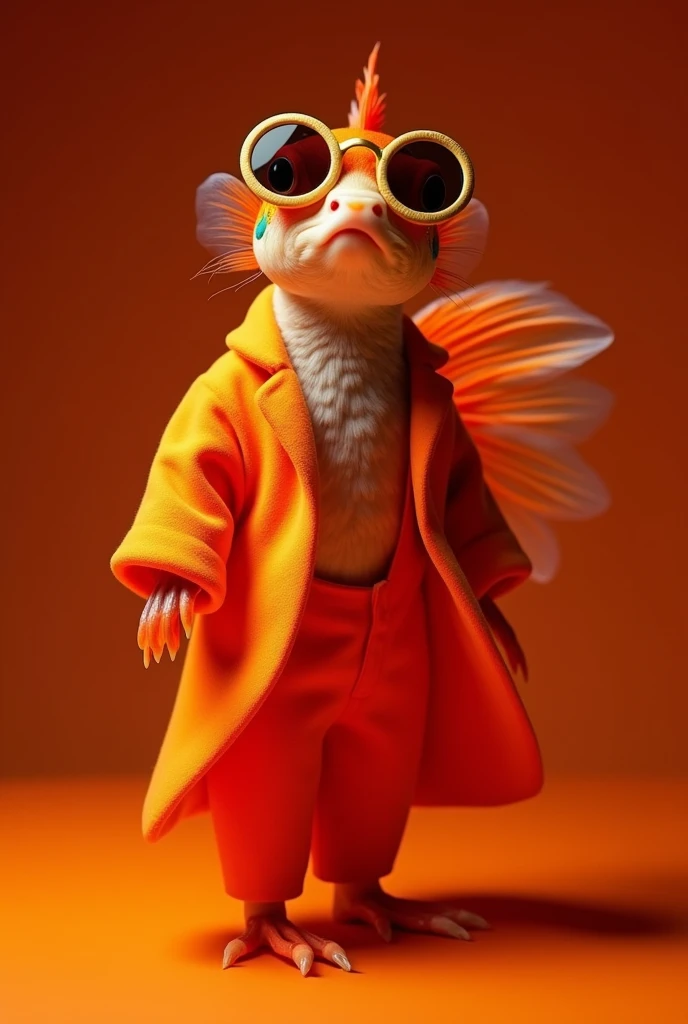 The best mobile wallpaper, Award-winning wallpaper, Portrait Photography, In front view is a portrait of a cute betta Fish wearing 1960s mid-century space-age fashion, Side view shot, Shot with Canon EOS R5, Setting a stark contrast that accentuates the subject, Fluorescent orange shade, Wearing a very fashionable lounge coat and sunglasses are a hip 1960s style, Clothing all in one color, Beautiful background