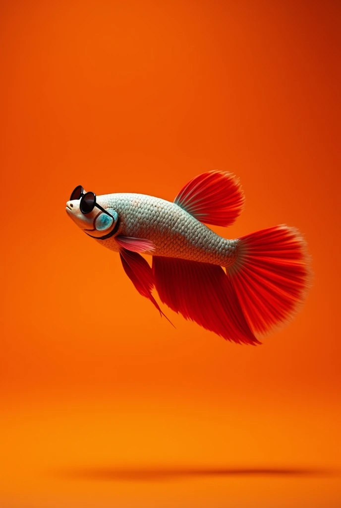 The best mobile wallpaper, Award-winning wallpaper, Portrait Photography, In front view is a portrait of a cute betta Fish wearing 1960s mid-century space-age fashion, Side view shot, Shot with Canon EOS R5, Setting a stark contrast that accentuates the subject, Fluorescent orange shade, Wearing a very fashionable lounge coat and sunglasses are a hip 1960s style, Clothing all in one color, Beautiful background