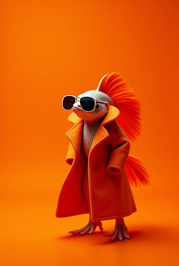 The best mobile wallpaper, Award-winning wallpaper, Portrait Photography, In front view is a portrait of a cute betta Fish wearing 1960s mid-century space-age fashion, Side view shot, Shot with Canon EOS R5, Setting a stark contrast that accentuates the subject, Fluorescent orange shade, Wearing a very fashionable lounge coat and sunglasses are a hip 1960s style, Clothing all in one color, Beautiful background