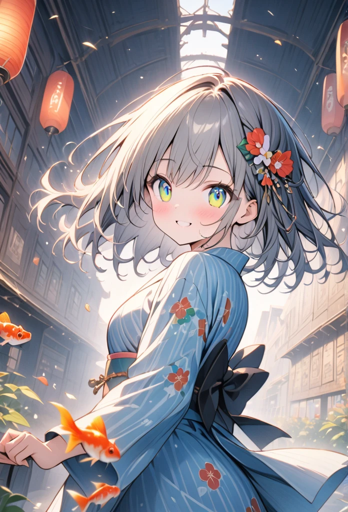 フラットライン、anime、anime調、デジタルanimeアート、Flat Design,(masterpiece:1.2)、Depth of written boundary、Photo、Back blur、sense of distance、high quality、High resolution、Very detailed、(Amazingly absurd:1.2)、(frogs eye view),Festival Venue、Girl in Yukata、Goldfish pattern yukata、Shot、Pose with arms outstretched、tracing、Bright smile、hair ornaments