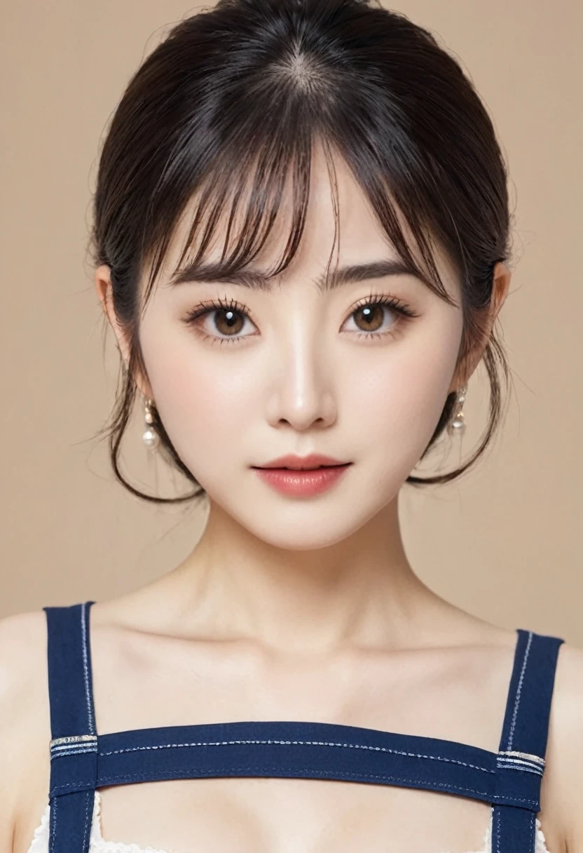 masterpiece、Highest quality、High definition、1 girl、(Photorealistic:1.4)、solo、White background、Pure white background、Close your mouth、A happy smile、Laughing happily、Beautiful black hair、Short Hair、Big eyes、Prominent double eyelids、Eyelashes、Put out your ears、Long neck、skirt、((Face close up))、(head、Draw the entire shoulder)、19 years old、Attractive proportions、Glowing Skin、Beautiful collarbone、Golden ratio face、Perfect Face、Tear Mole、bangs、きれいなbangs、Lip gloss、Thin lips、Pale skin、Square Image、Foundation、makeup、Splash、