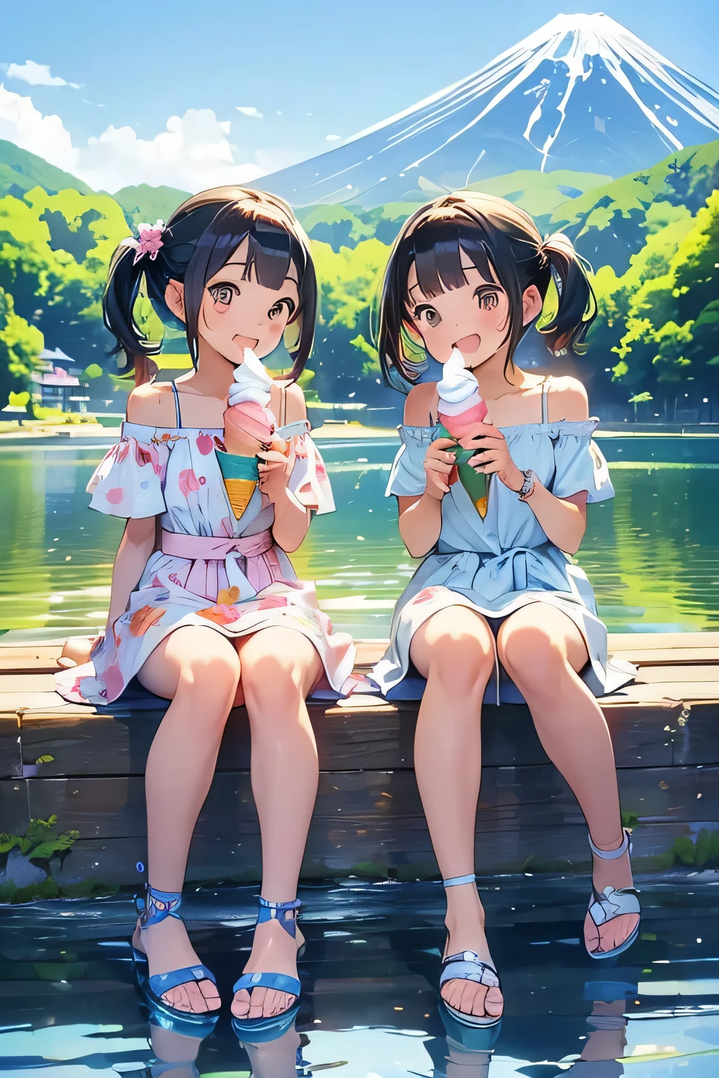 Highest quality、High resolution、Detailed Background、(Beautiful face in every detail:1.4)、Anatomically correct、(Normal number of fingers:1.2)、(Detailed facial expressions)、(Detailed eyes)、age beauty、Highly detailed face、Light color hair、Bobcut、Twin tails、well-groomed eyebrows、In a joking manner、A big smile、Do cute things、
(Two girls eating ice cream to beat the heat at a summer resort:1.5)、
Smiling while eating ice cream and licking it、
Off-the-shoulder tops in bright colors and vibrant patterns、Floral and fruit patterns、Cool feet such as sandals、Lake Kawaguchi and the Five Lakes of Yamanashi Prefecture:Located at the foot of Mt. Fuji, Lake Kawaguchi and the Five Lakes are summer resorts surrounded by beautiful natural surroundings.、You can enjoy a stroll or boat ride along the lake and a view of Mt. Fuji.