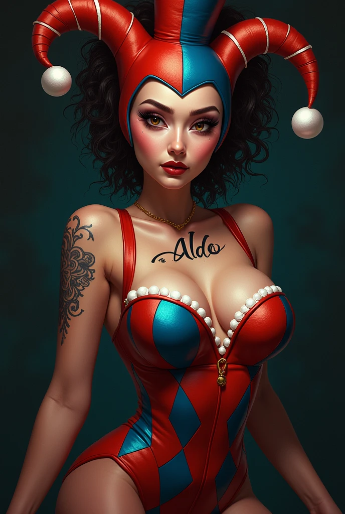 Create the harlequin by tattooing the name aldo tattoo artist above the breasts