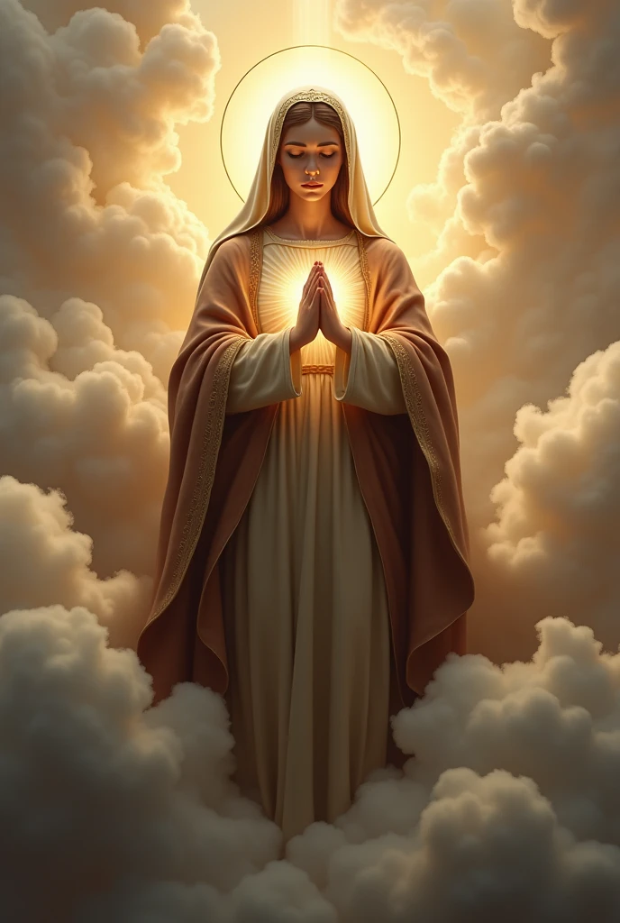 (photorealism:1.2), beautiful virgin Mary with tears in her eyes while praying in the clouds, wearing brown queen clothes with light in his head and heart spreading all over in the clouds, perfect virgin Mary, real virgin Mary, perfect five hands, perfect tear face, elegant, soft lighting, many clouds, stand straight, realistic, intricate details, warm colors,