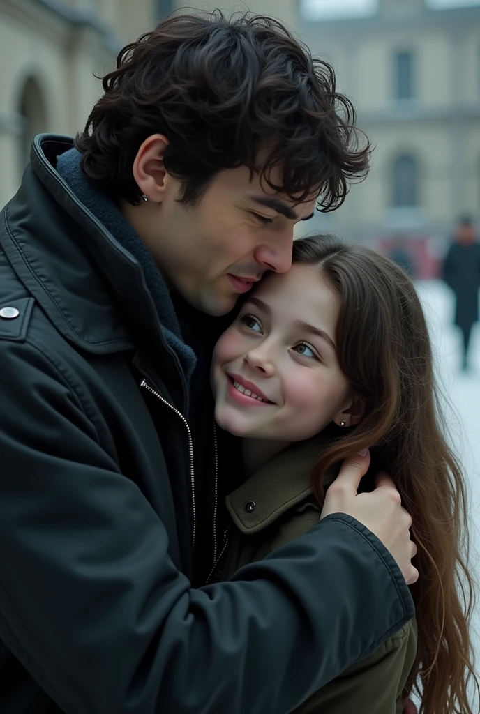 Scherlock Holmes from the BBC Scherlock series without a beard warming a Brazilian girl with long wavy brown hair and white skin smiling gently in the cold,This girl's name is Geovana and she wants to be a detective like him and has a slight attraction to Scherlock