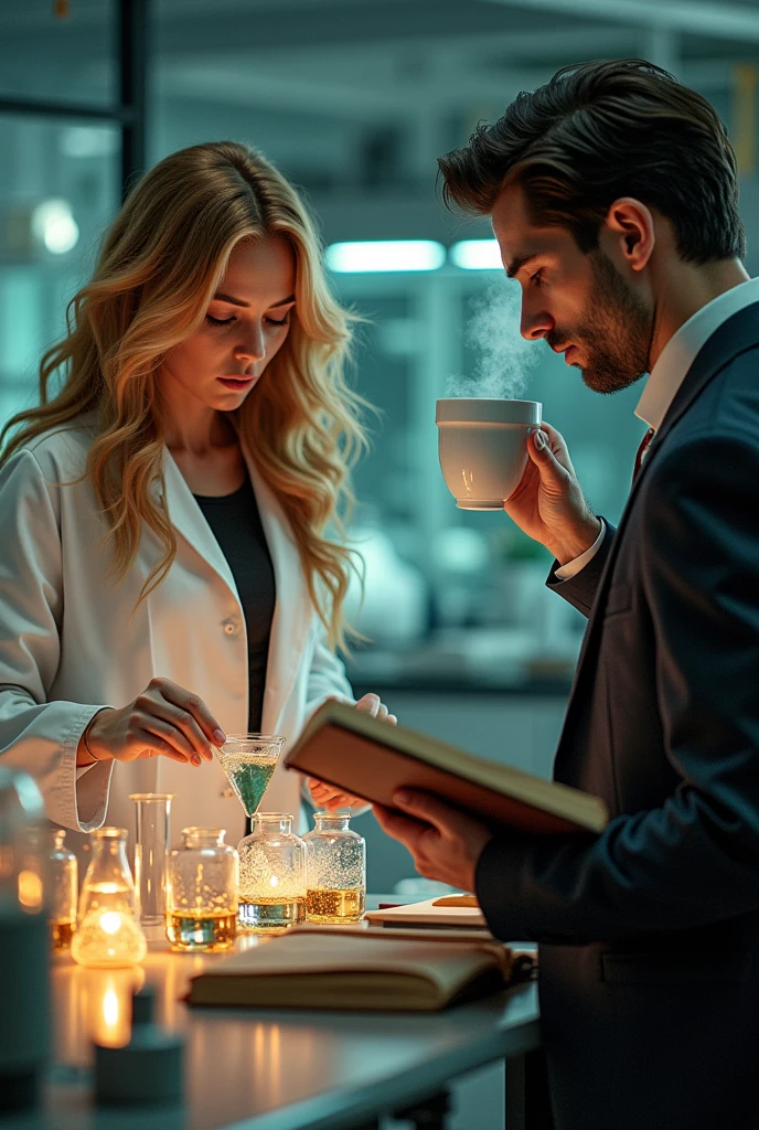 Blonde woman with green eyes and curly hair in a lab coat making a formula in the laboratory while a man in a dark suit with straight black hair watches her in love reading a book and drinking coffee