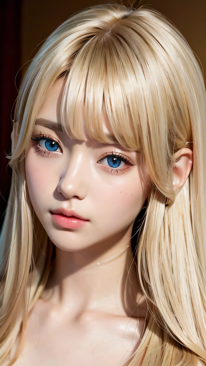 Crystal clear and shiny skin、15 year old cute  beautiful face、Very large, beautiful, bright, pale sky blue eyes、Very big eyes、Super long straight hair that shines in the light、Long, silky bangs that cover her cute eyes、Hair that hides sexy features、too long bangs、Sexy and cute young beauty、Super long natural young blonde hair with sparkling highlights、Blonde hair above the eyes、片Blonde hair above the eyes、Blonde hair between the eyes、Cheek gloss highlighter