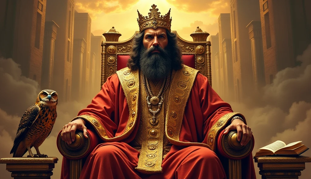 A majestic portrait of King Solomon seated on a grand throne, adorned with gold and jewels, surrounded by ancient scrolls and symbols of wisdom (like an owl and a book). The background features a mystical ancient city with golden hues and soft clouds.. The overall color palette is rich and vibrant, conveying a sense of mystery and authority.