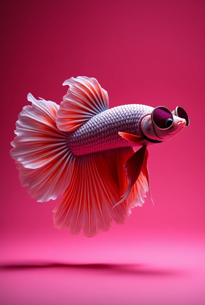 The best mobile wallpaper, Award-winning wallpaper, Portrait Photography, In front view is a portrait of a cute betta Fish wearing 1960s mid-century space-age fashion, Side view shot, Shot with Canon EOS R5, Setting a stark contrast that accentuates the subject, Fluorescent Pink shade, Wearing a very fashionable lounge coat and sunglasses are a hip 1960s style, Clothing all in one color, Beautiful background