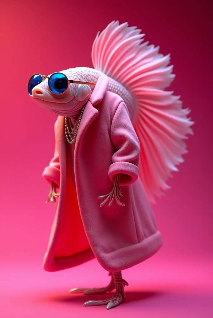 The best mobile wallpaper, Award-winning wallpaper, Portrait Photography, In front view is a portrait of a cute betta Fish wearing 1960s mid-century space-age fashion, Side view shot, Shot with Canon EOS R5, Setting a stark contrast that accentuates the subject, Fluorescent Pink shade, Wearing a very fashionable lounge coat and sunglasses are a hip 1960s style, Clothing all in one color, Beautiful background