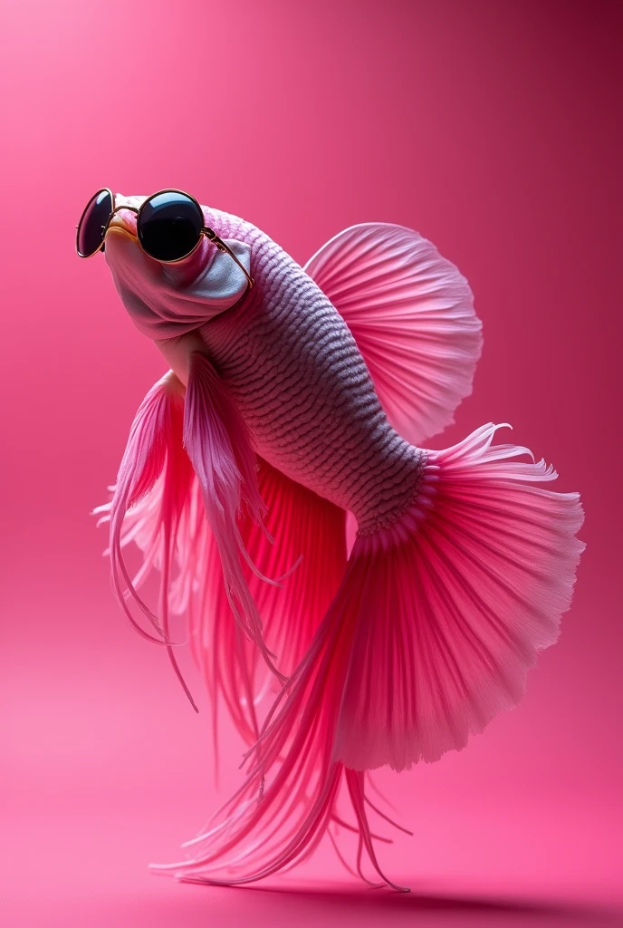 The best mobile wallpaper, Award-winning wallpaper, Portrait Photography, In front view is a portrait of a cute betta Fish wearing 1960s mid-century space-age fashion, Side view shot, Shot with Canon EOS R5, Setting a stark contrast that accentuates the subject, Fluorescent Pink shade, Wearing a very fashionable lounge coat and sunglasses are a hip 1960s style, Clothing all in one color, Beautiful background