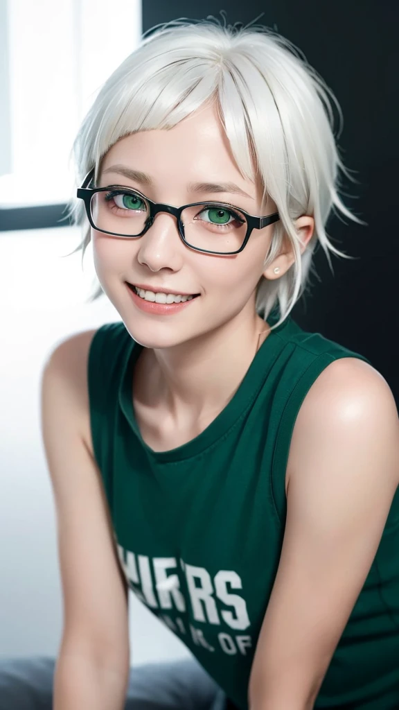 (representative work:1.4), (8K, realistic, RAW photo, Highest image quality:1.4), (:1.5), (smile:1.4), (side shot:1.1), beautiful face, (realisticな顔), ((glasses)), (white hair, cropped hair:1.3), beautiful hairstyle, realistic eyes, T-shirt, Detailed and beautiful eyes, (realisticな肌), beautiful skin, (close up:1.3), charm, 超High resolution, (green eyes:1.3), glasslike eyes,