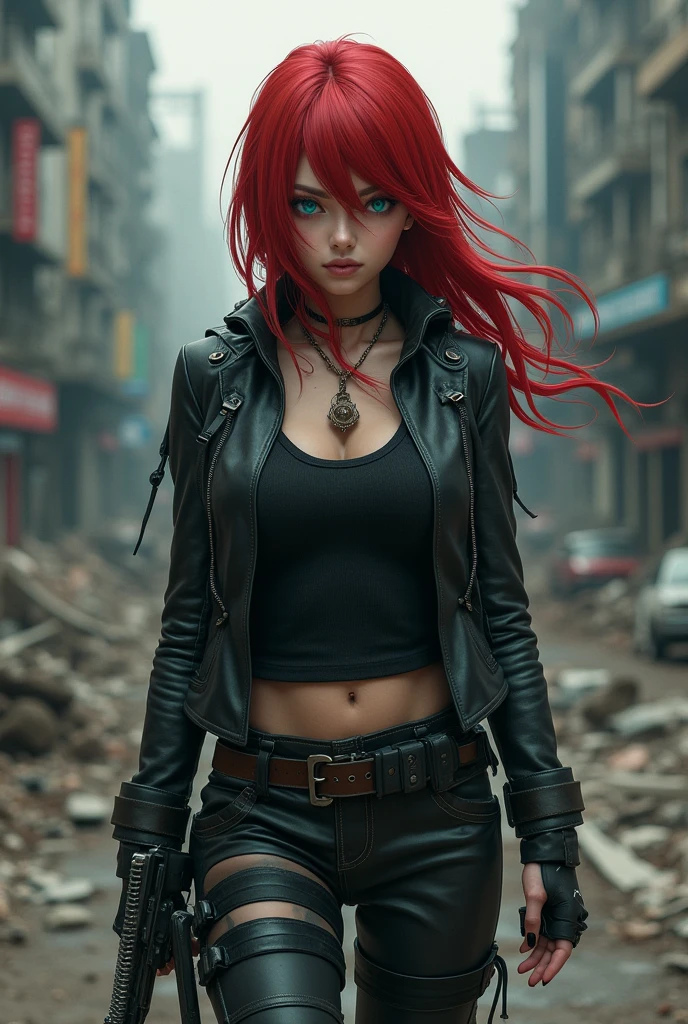 Create an image of a -yeld yo woman named Akemi Aikyo. She should have striking red hair that is sleek and falls in loose waves, and a stunning appearance with a hint of malice. Her eyes are a deep, penetrating blue, conveying coldness and calculation. She wears apocalyptic survivor clothing: a dark, fitted leather jacket, combat pants, and rugged boots. Her face should reflect beauty with a cold, defiant expression, and a small scar near her left eye adding a touch of brutality. Akemi is in a devastated urban environment, with ruined buildings and an atmosphere of desolation in the background. She holds an improvised weapon and has a commanding posture, conveying a sense of control and power. The image should capture the duality of her beauty and her relentless nature.