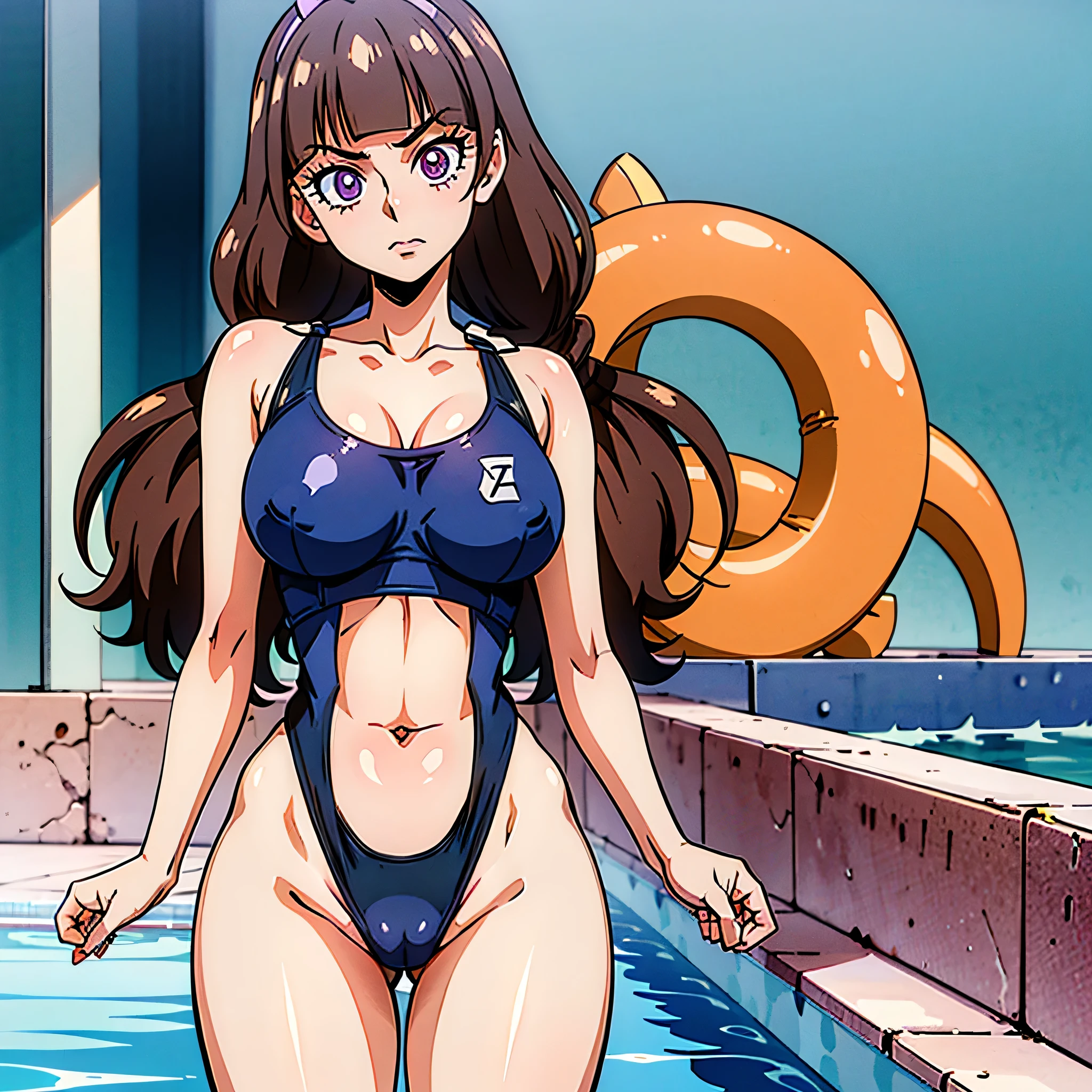 (1 girl), (solo), ((amanogawaki)), best quality, highres, high quality, 8k, HD, super detail, anatomically correct, UHD, accurate, (masterpiece:1.0), (high quality:1.0), (ultra detailed), (Swimming Pool Background), Looking Front, Looking At viewer, Serious Face, detailed eyes, (Black swimsuit), (perfect hands), (Thick Hips), (Thick Thighs), Purple eyes, (detailed eyes)