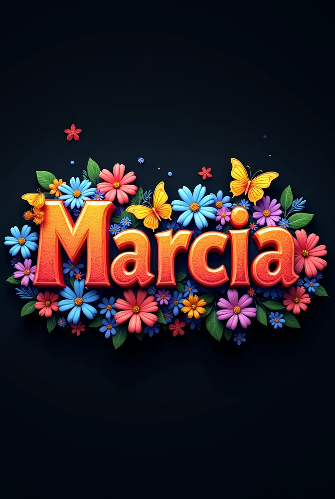Marcia colorful 3d fonts wrapped in flowers and butterflies and black background.