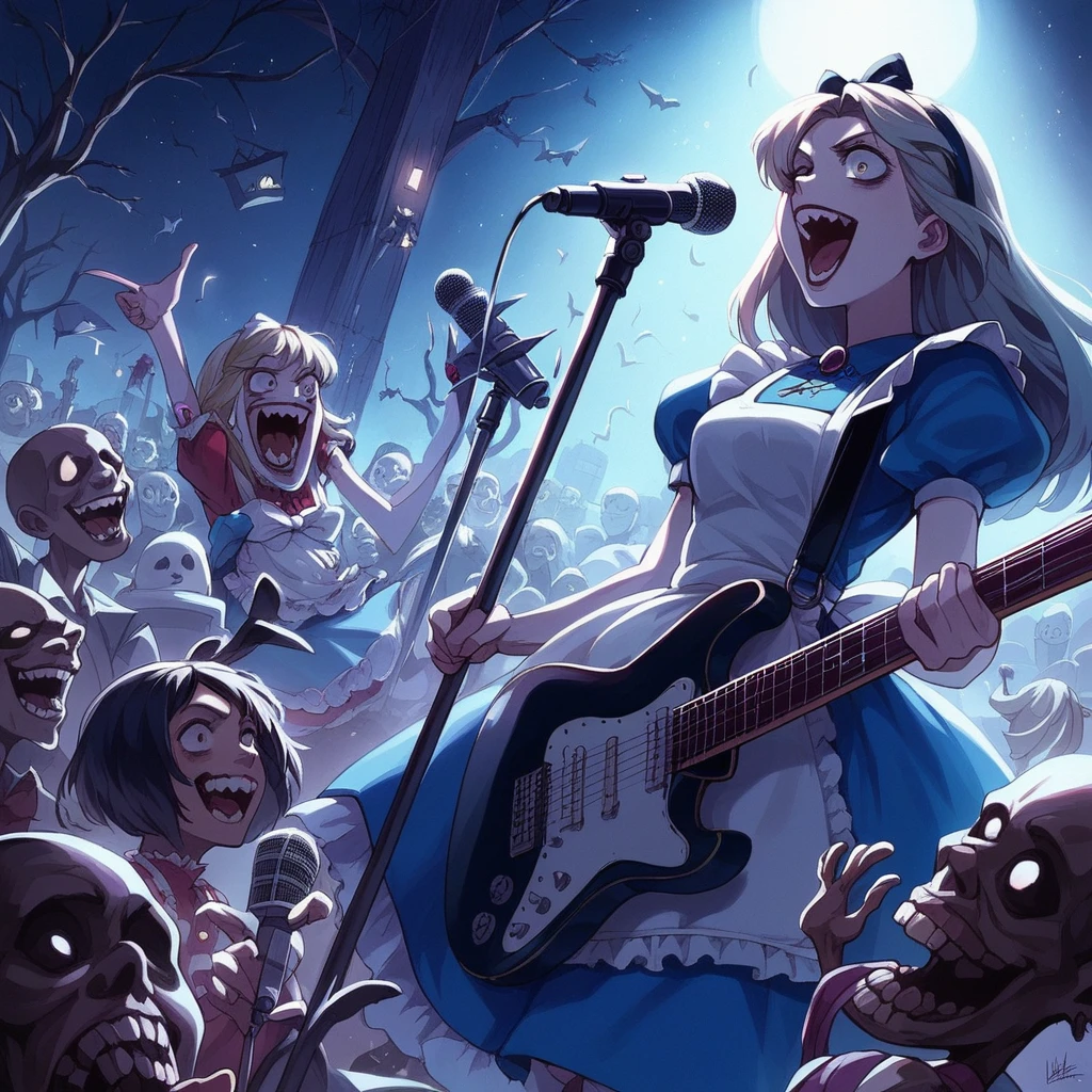 Bold brushstrokes, anime style illustration, midsummer night, crazy fun, cinematic lighting, Alice and the main characters from "Alice in Wonderland" performing a rock concert in a graveyard in the middle of the night, Alice with an electric guitar hanging from her shoulder, singing into a microphone, the dead audience cheering on.