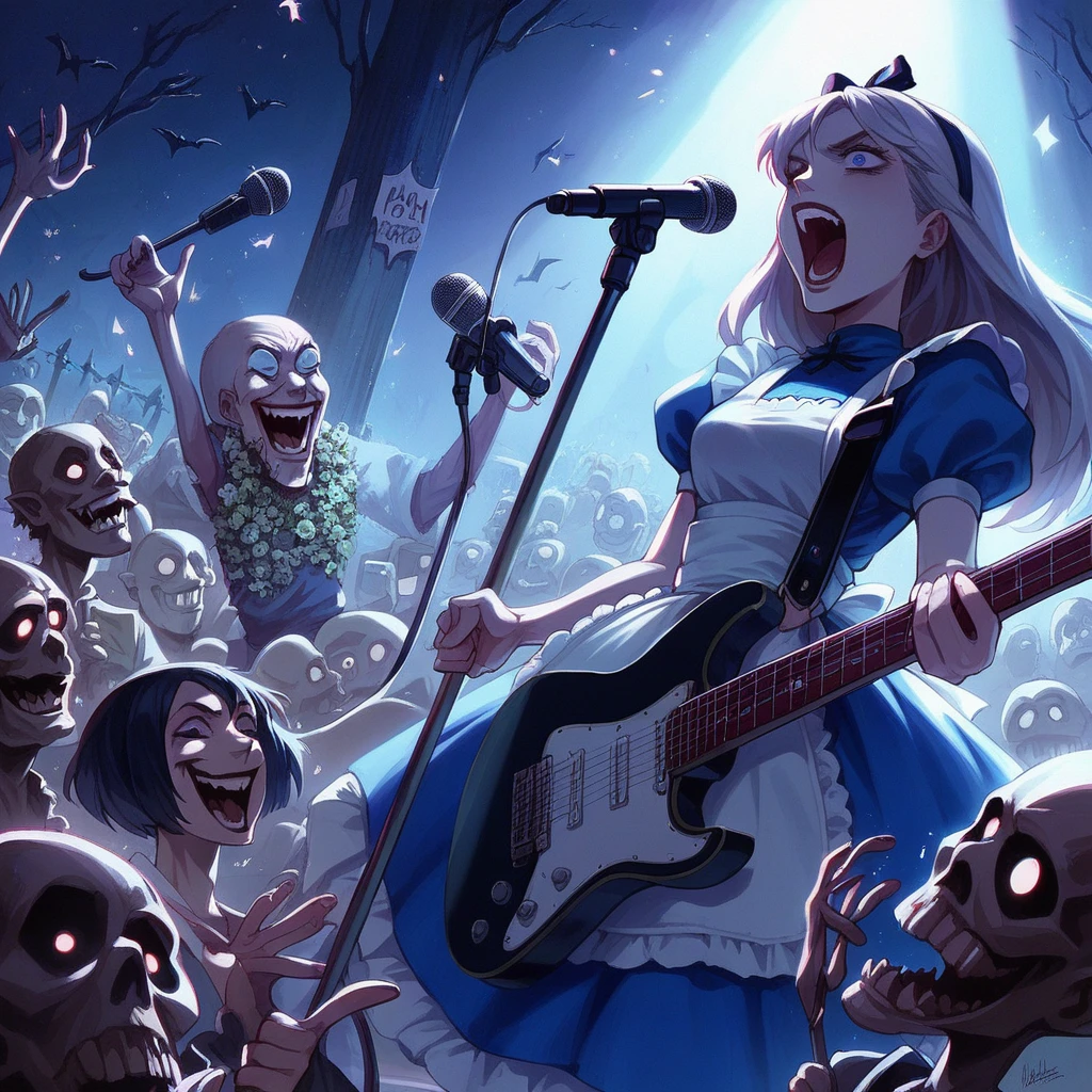 Bold brushstrokes, anime style illustration, midsummer night, crazy fun, cinematic lighting, Alice and the main characters from "Alice in Wonderland" performing a rock concert in a graveyard in the middle of the night, Alice with an electric guitar hanging from her shoulder, singing into a microphone, the dead audience cheering on.