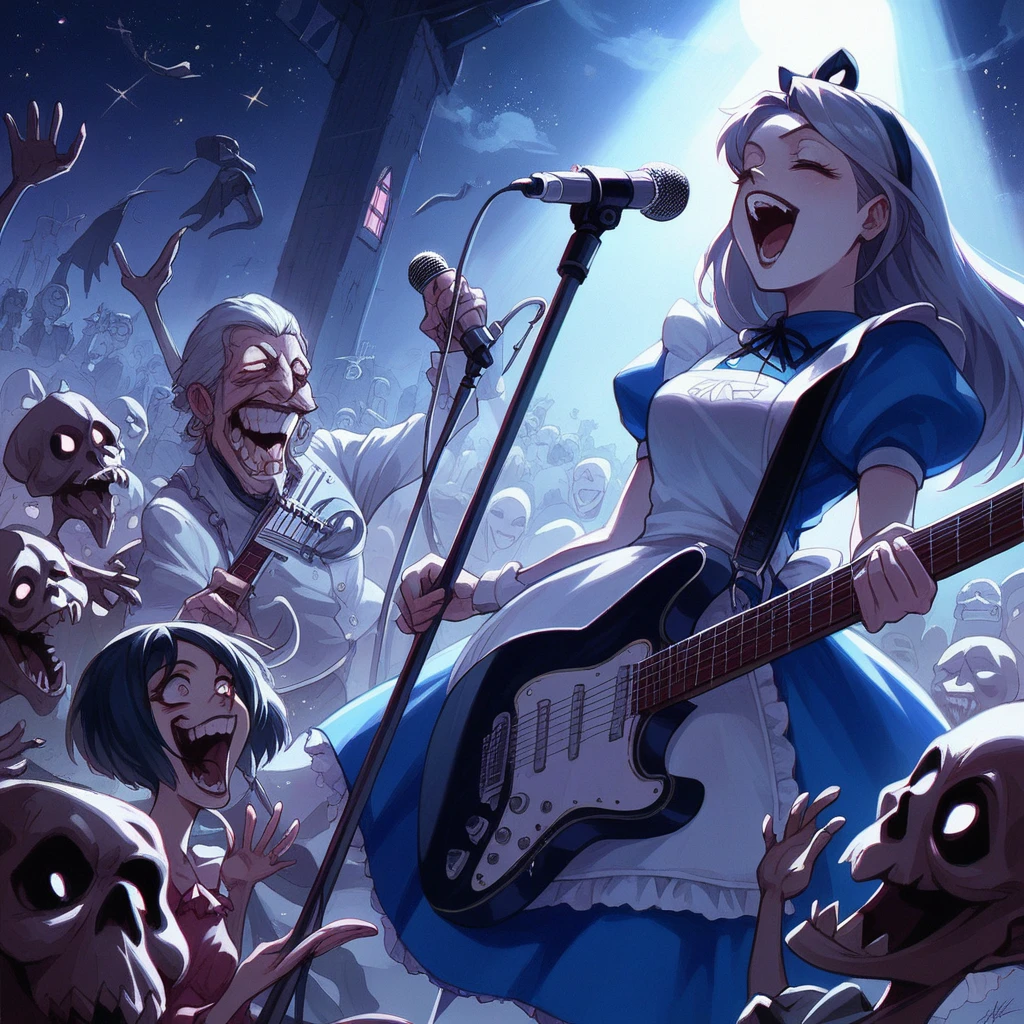 Bold brushstrokes, anime style illustration, midsummer night, crazy fun, cinematic lighting, Alice and the main characters from "Alice in Wonderland" performing a rock concert in a graveyard in the middle of the night, Alice with an electric guitar hanging from her shoulder, singing into a microphone, the dead audience cheering on.