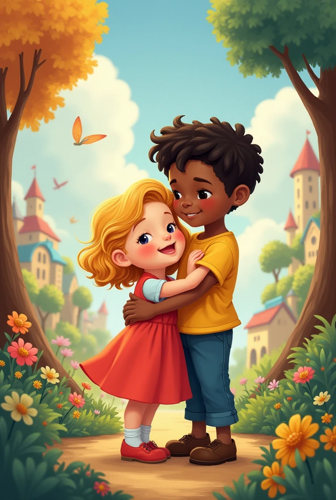 Create Disney cover of a fat white girl with short blonde hair, and a tall, skinny, dark-skinned boy hugging each other 