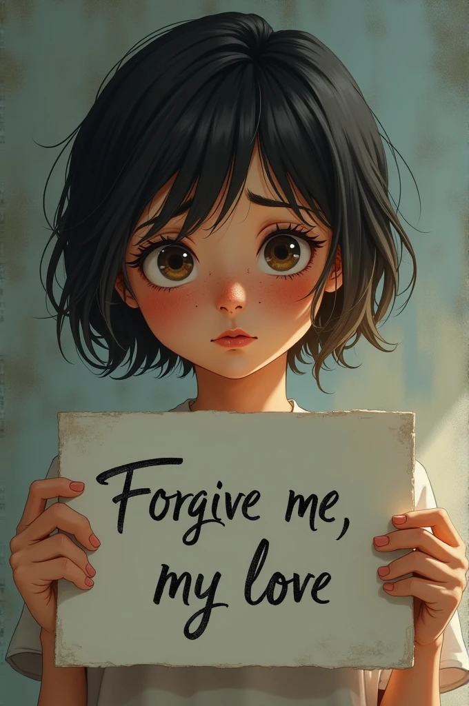 A girl with short hair and freckles with a sign saying forgive me my love 