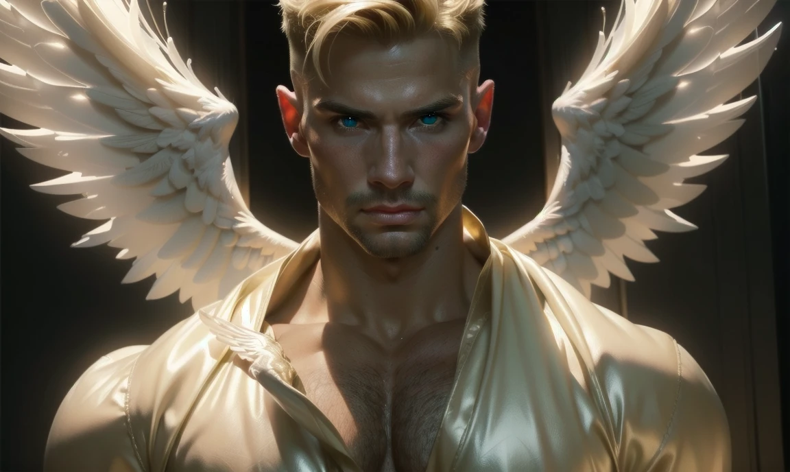 [((highly detailed, detailed eyes, detailed face, clear and realistic facial features, photorealistic, realistic light, cinematic)), (1 man), (((((Gorgeous perfect sexy powerful masculine male angel))))), (((one pair of large wings, showing both wings))), ((faint halo)), ((short blond hair, green mystical eyes)), ((35 years old)), ((wearing flattering angelic clothes)), (((aura of divine power))), standing in a cozy apartment at nighttime, ((light blush)), (((wearing a smoldering indignant expression)))]