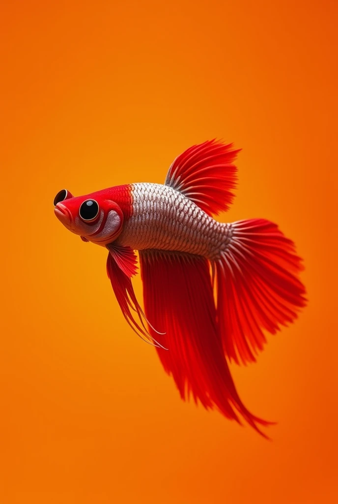 The best mobile wallpaper, Award-winning wallpaper, Portrait Photography, In front view is a portrait of a cute betta Fish wearing 1960s mid-century space-age fashion, Side view shot, Shot with Canon EOS R5, Setting a stark contrast that accentuates the subject, Fluorescent orange shade, Wearing a very fashionable lounge coat and sunglasses are a hip 1960s style, Clothing all in one color, Beautiful background