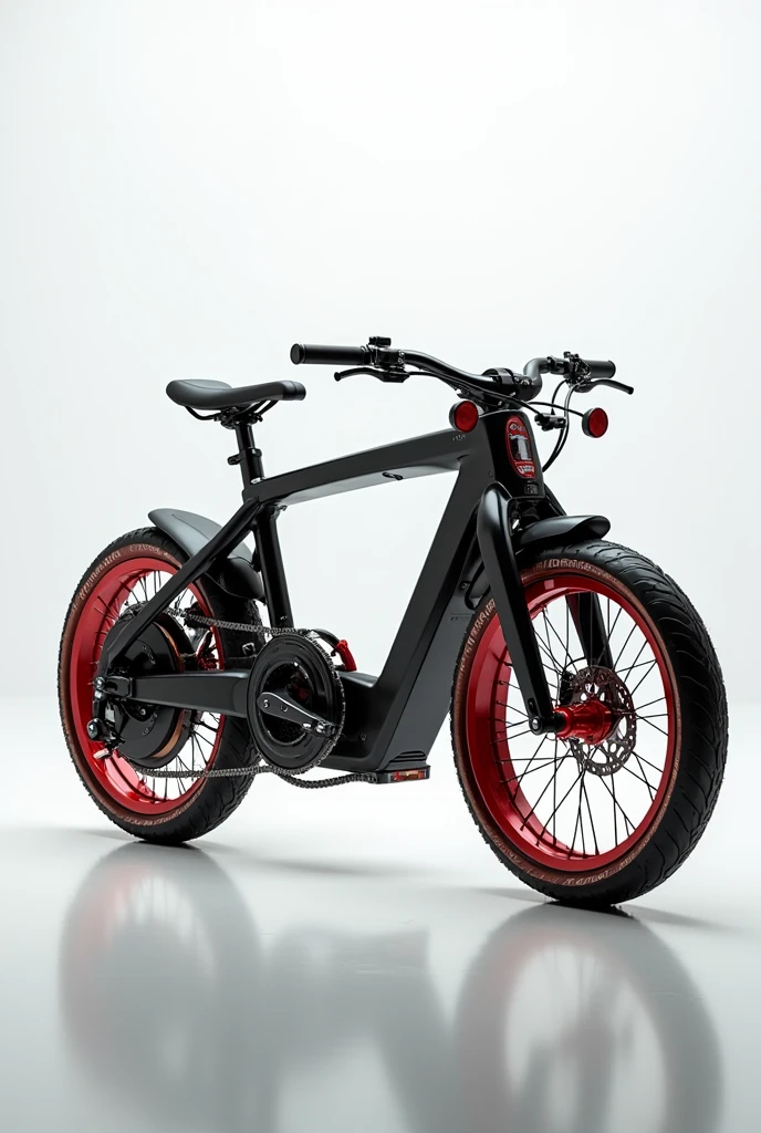 I want you to design a bicycle that has 2 wheels in the back but those 2 wheels have 2 chains that give it power, 2 pedals separately and that the tires are wide in red and that it has a pedal-type brake for the back and that there are 2 tires in the back, 2 tires in a complete photo that looks complete but 2 tires in the back at the same time with low suspension and on the side the bicycle in front that there are 2 chains, one on the left side and one on the right, that give power to 2 pedals without cables.