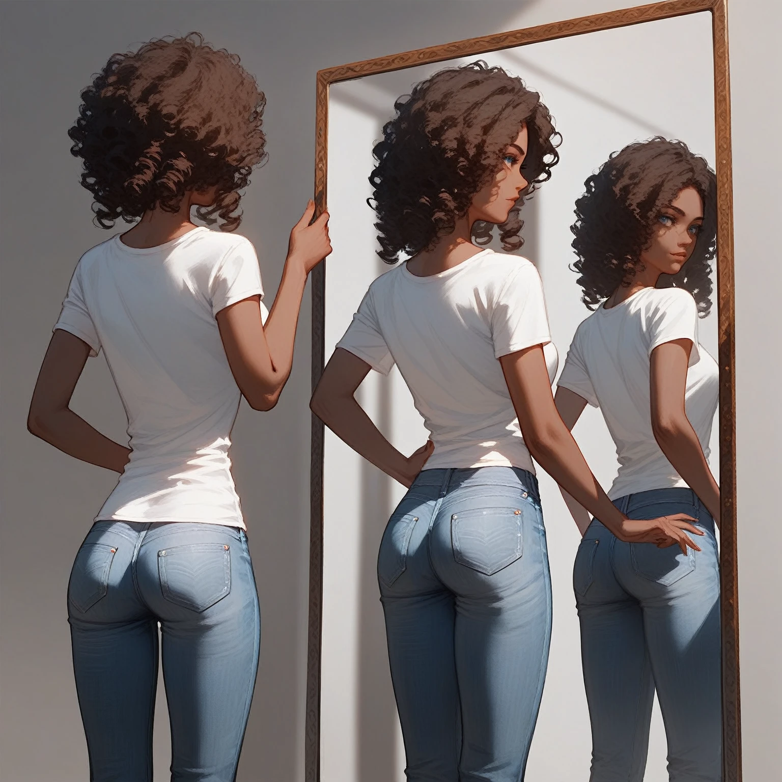a woman with dark skin and curly hair,(((Bustness))jeans and white t-shirt looking in the mirror, Render cartoon character art