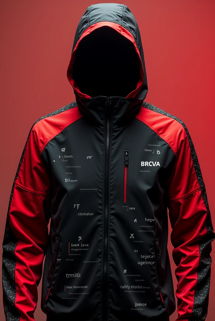 Create me a windbreaker jacket, with black and red colors, and textured with JAVA programming symbols, but without texture at all, only in some parts, with programming symbols closer together, no exaggeration!