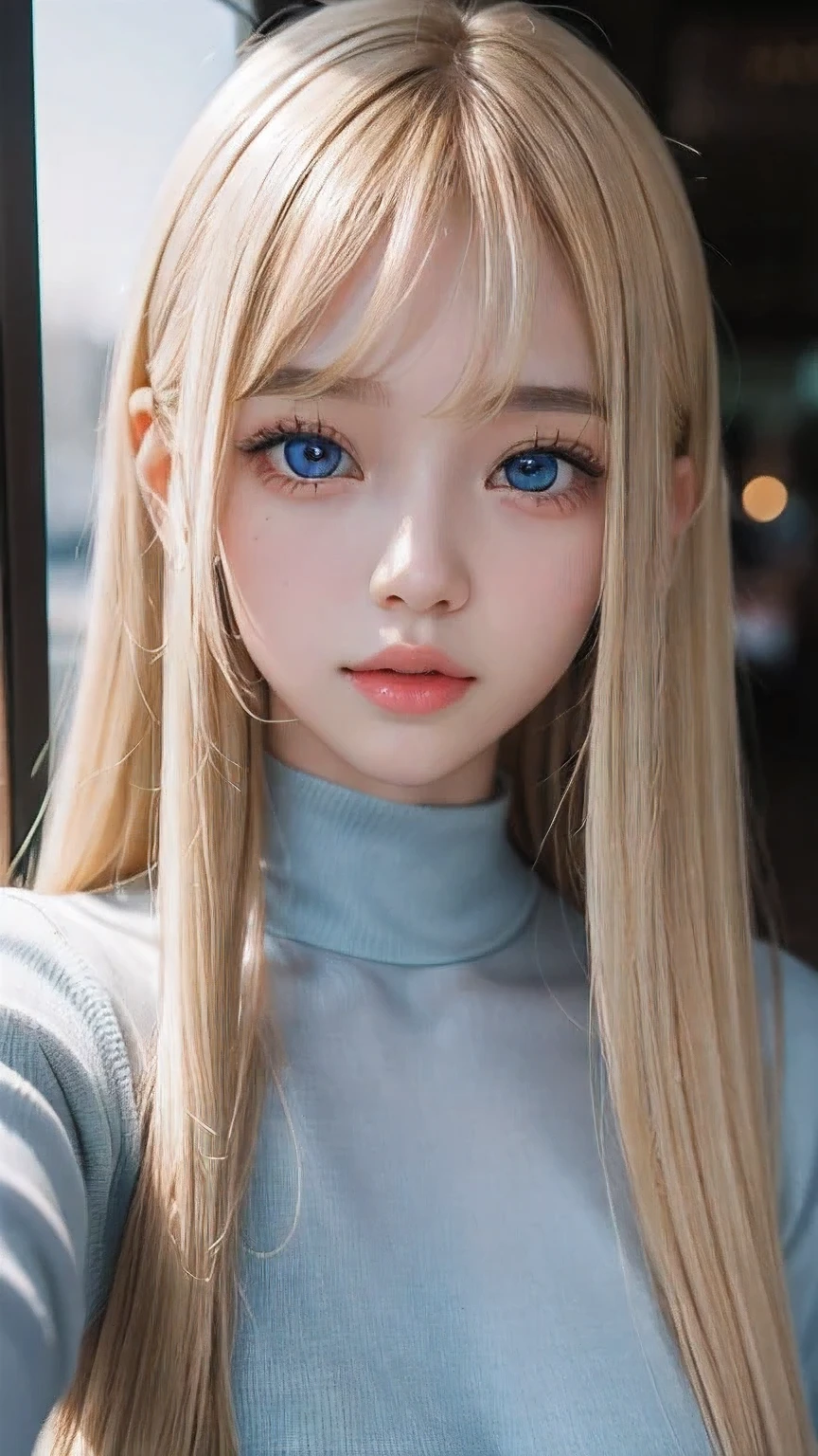 Crystal clear and shiny skin、15 year old cute beautiful face、Very large, beautiful, bright, pale sky blue eyes、Very big eyes、Super long straight hair that shines in the light、Long, silky bangs that cover her cute eyes、Hair that hides sexy features、too long bangs、Sexy and cute young beauty、Super long natural young blonde hair with sparkling highlights、Blonde hair above the eyes、片Blonde hair above the eyes、Blonde hair between the eyes、Cheek gloss highlighter