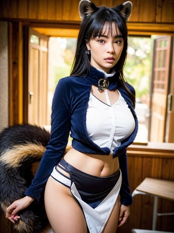 ((Highest quality, 8k)), ((masterpiece)), (Highest Resolution), Perfect Face, Woman with raccoon ears, Female college student, Beautiful woman, public, One tail, she has thick thighs, Big raccoon tail, She has a brown raccoon tail., She sticks out her tail, Troubled face, Fur collar, she is wearing a short skirt, Beautiful Hips , Big Breasts, The skirt is rolled up with a big tail