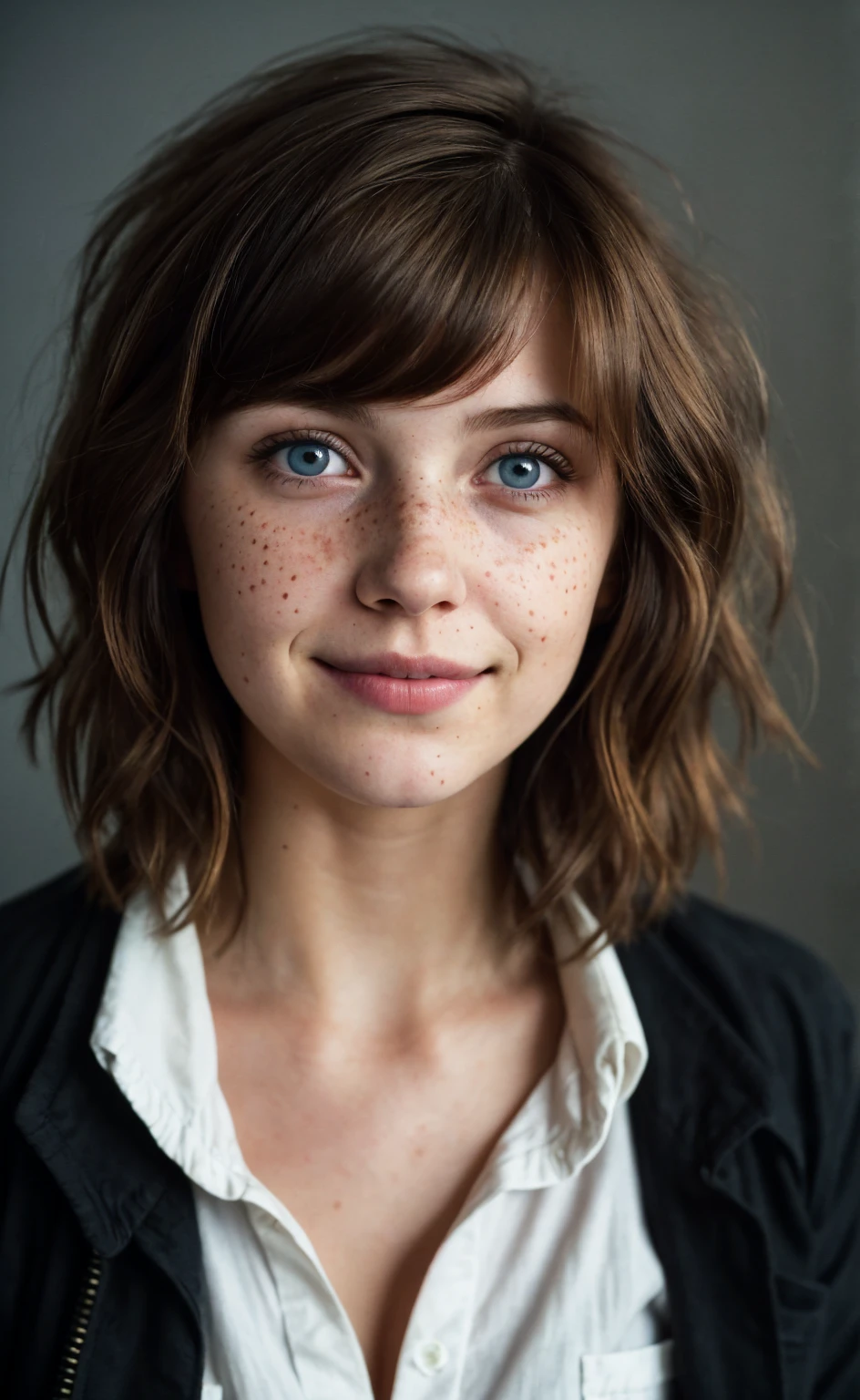 (close-up, editorial photograph of a 21 year old woman), (highly detailed face:1.4) (smile:0.7) (background inside dark, moody, private study:1.3) POV, by lee jeffries, nikon d850, film stock photograph ,4 kodak portra 400 ,camera f1.6 lens ,rich colors, hyper realistic ,lifelike texture, dramatic lighting , cinestill 800, wavy hair, messy hair, Max Caulfield haircut, short hair, Mischievous smirk, Brown hair, Blue eyes, freckles, white skin, Black Coat, White Shirt, Max Caulfield skin, Max Caulfield expression, masterpiece, Astral Plane, Life Is Strange