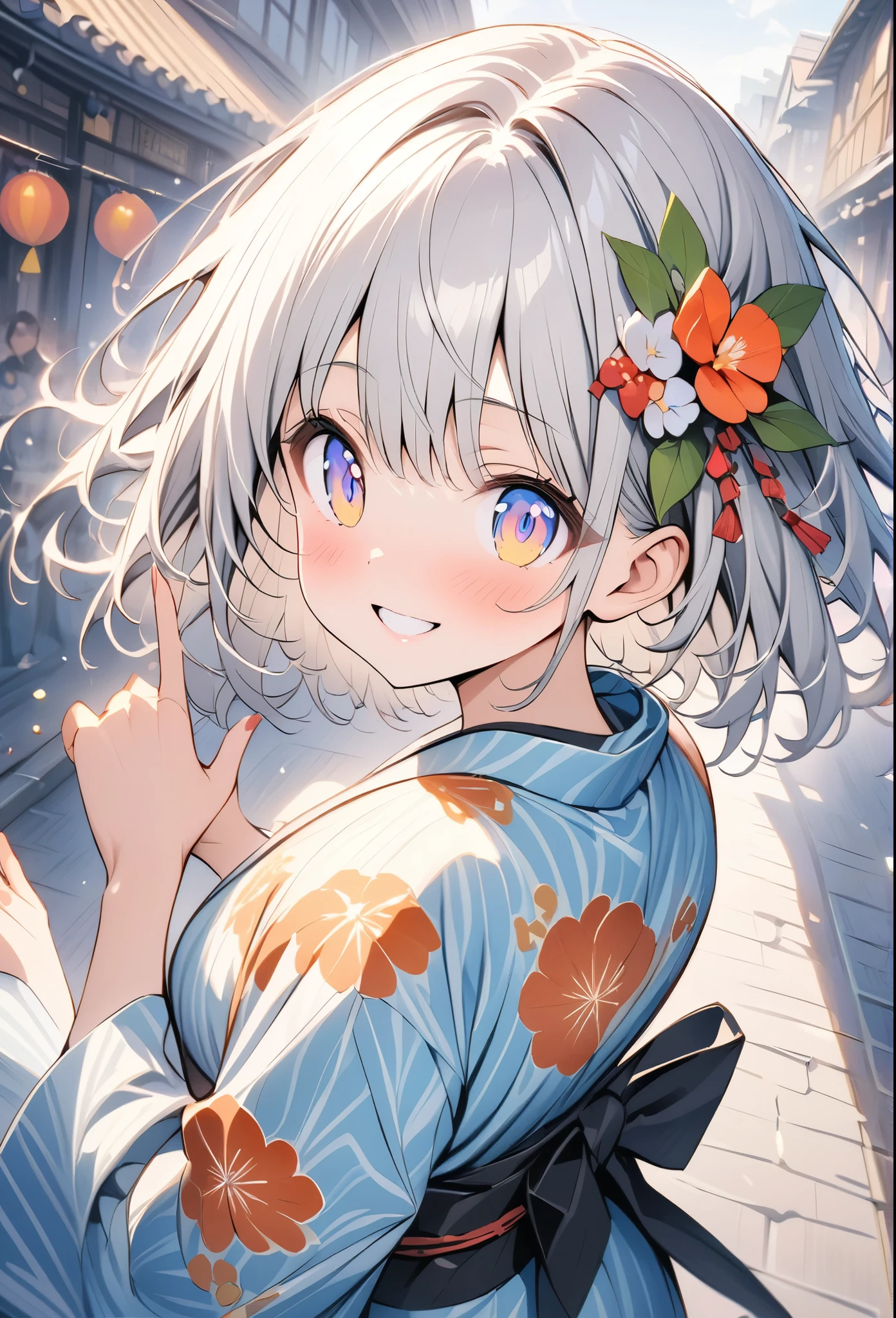 フラットライン、anime、anime調、デジタルanimeアート、Flat Design,(masterpiece:1.2)、Depth of written boundary、Photo、Back blur、sense of distance、high quality、High resolution、Very detailed、(Amazingly absurd:1.2)、(frogs eye view),Festival Venue、Girl in Yukata、Goldfish pattern yukata、Shot、Pose with arms outstretched、tracing、Bright smile、hair ornaments