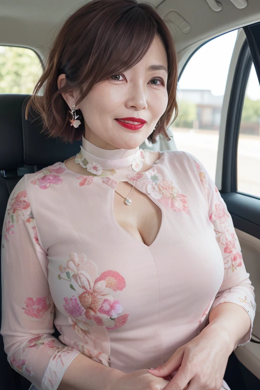 Beautiful and mature 55 year old Japanese woman, Married women, Aunt, Fine Lines, Long eyelashes, Glowing Eyes, Short Bob Haircut, (choker), (Deep Red Lipstick), elegant, Slim figure, Rosy Cheeks, Pearl Necklace, Earrings, Cute Smile, ((Summer clothes with floral pattern)), Beautiful body lines, Cleavage, Full Body Focus, Filmed in the car, Browsing Caution