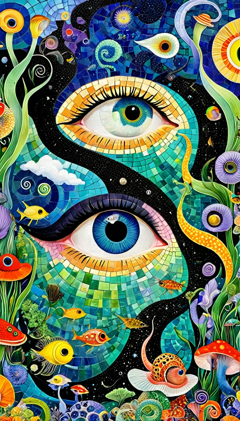 Picasso。1snails小屋,Artist from the stars,Colorful black,A World of Color,dopamine,mouth,cloud、snails、iris、fish、Tentacles、bird、eye、diatom,Abstract Mosaic,Autistic people々々Depicting the inner world,Spatial Sense,blank,interesting,Innocence,Psychedelic Art,Black overalls