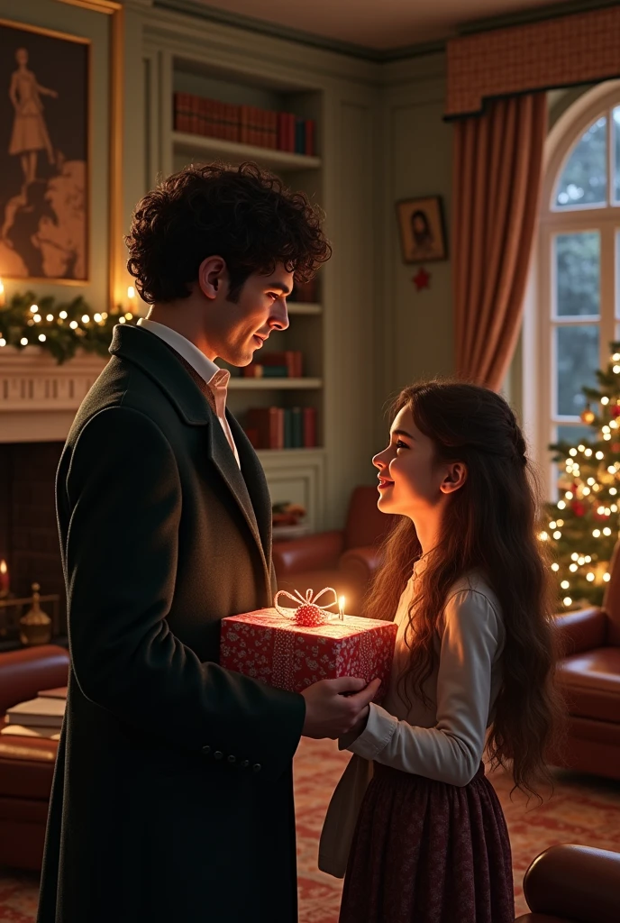 Scherlock Holmes from the BBC Scherlock series without a beard along with Watson in 221b in the living room giving Christmas presents to a Brazilian girl with long wavy brown hair and white skin smiling gently in the cold,This girl's name is Geovana and she wants to be a detective like him and has a romantic attraction to Scherlock