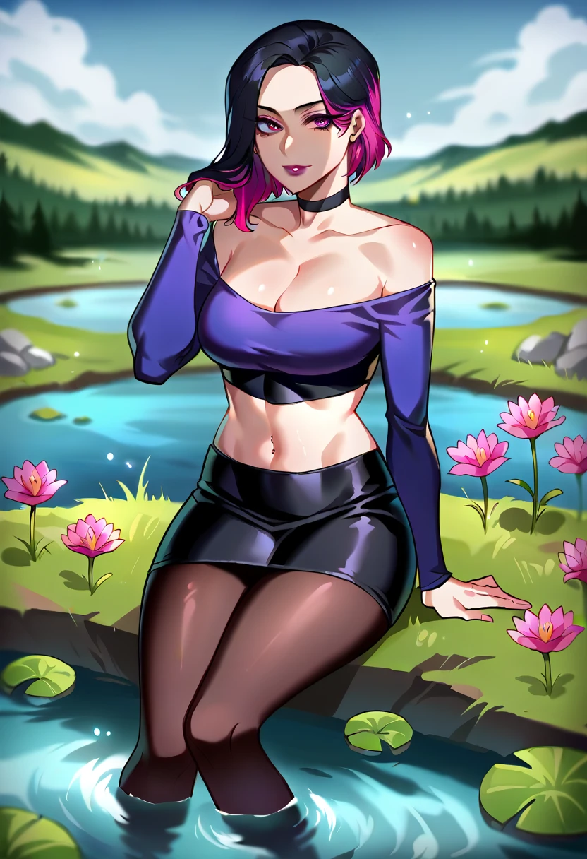 score_9, score_8_up, score_7_up, gwentd, 1girl, solo, two-tone hair, lipstick, makeup, black choker, cleavage, crop top, long sleeves, midriff, black pantyhose, skirt, looking at viewer, pond, flower, light particles, field, rock, sitting, outdoors, depth of field