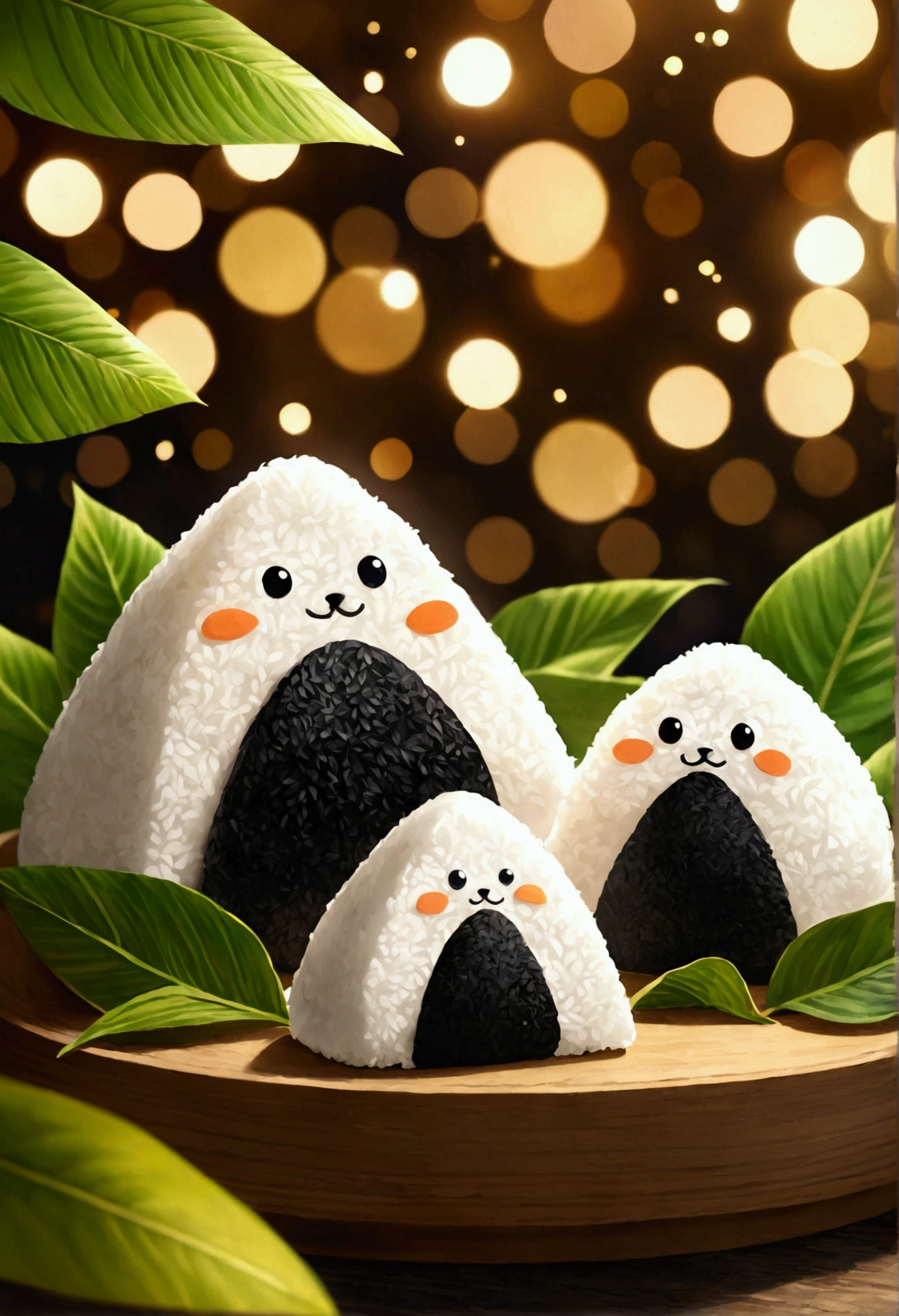 people, spend, This painting is a vivid and imaginative representation of onigiri.。, Artistically crafted to resemble cute creatures. The artistic style is whimsical and playful., Attention to detail and texture. The theme revolves around nature and creativity, The rice ball is hiding in the leaves, The background features bokeh lights, Creates a calm and dreamy atmosphere. The composition is balanced, Mainly onigiri, Surrounded by leaves and bokeh lights, Create a harmonious and visually appealing composition.,Very detailed,RAW Photos,Highest quality,High resolution,(masterpiece),(Realistic),Sharp focus,High resolution,8k resolution,Intricate details,Refined details,Depth of written boundary,Very detailed,wallpaper,