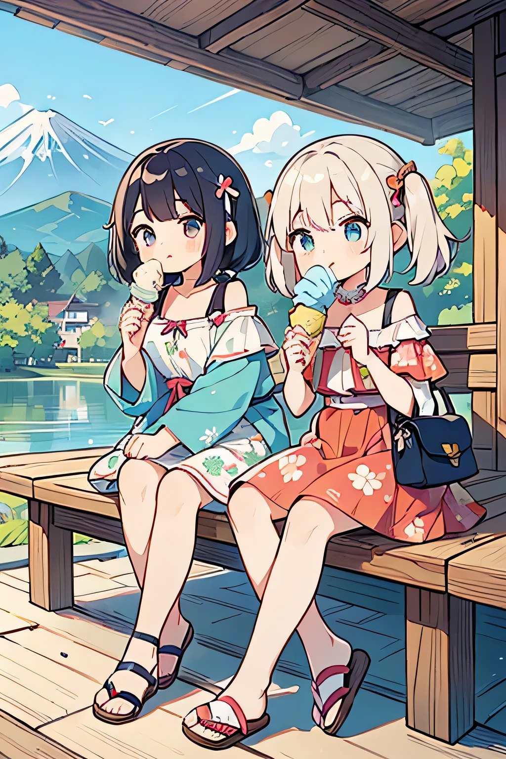 ((3girls)), ((:1.5)), ((petite:1.2)), ((indian style:1.5)), ((snowy:1.5)), ((snowing:1.2)), sitting on picnic sheet, ((many picnic foods:1.5)), long hair and short hair, single braids, (forehead), happy smile, glossy blonde hair, blue eyes, beautiful detailed eyes, tareme, ahoge, (glasses), pointy ears, blush, ((bikini)), (closed mouth), ((cherry-blossoms)), sea, ((from below))