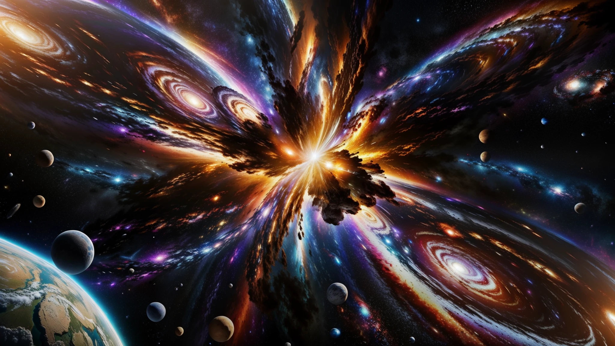 8k, ultra resolution, (((realistic photo))), (((realistic photo))), Artistic representation of chaos and tranquility, the explosion of a galaxy, in the middle of infinite space 32K UHD