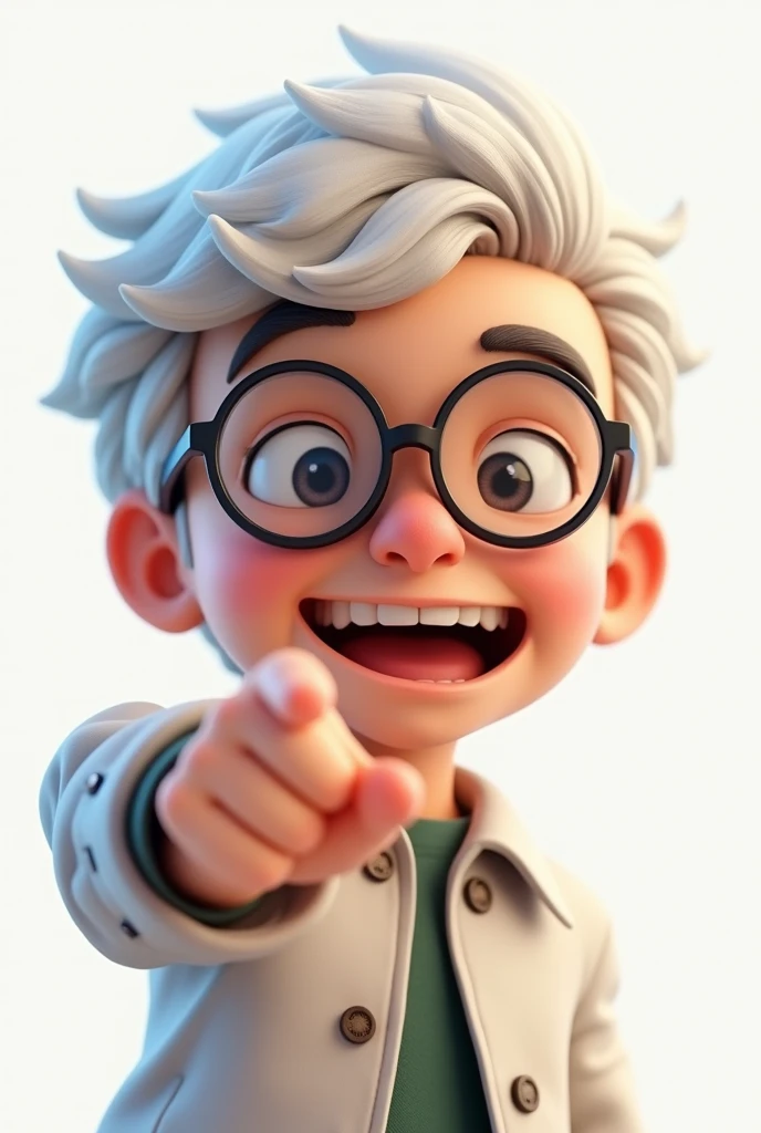 handsome male character, laughing and white hair, with white cap and glasses and jacket pointing at the camera 3d chibi, pixar style