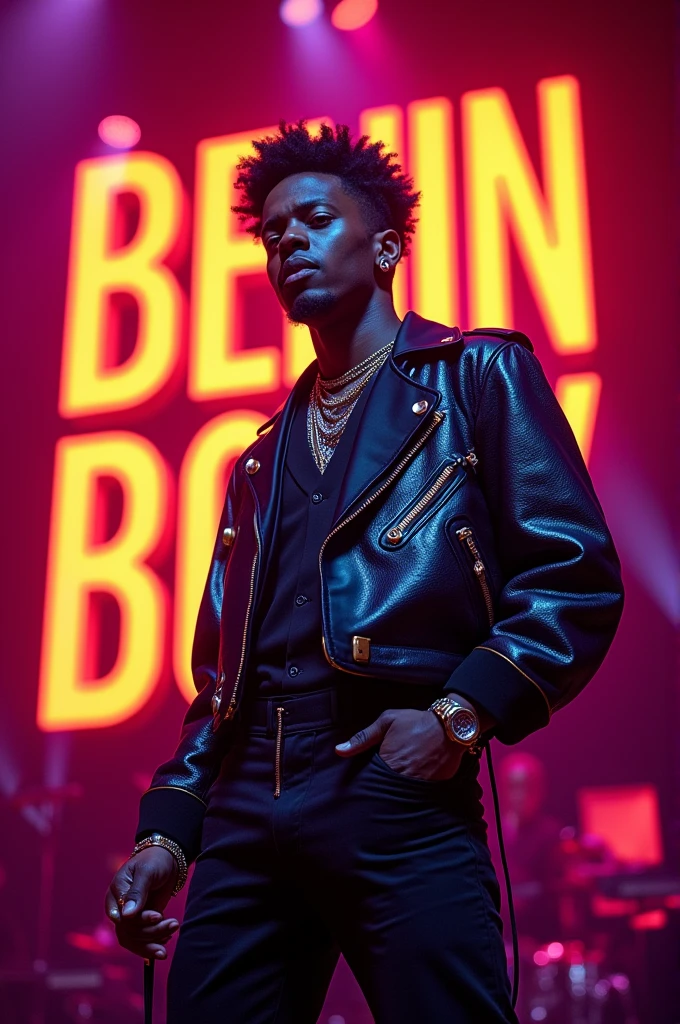 Afro male in a Dark Popstar outfit singing with the word Benin Boy boldly written on the Background