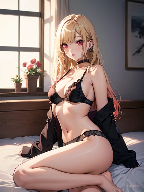 On the bed, Pink underwear, Leg spread, Kitagawa Marine, One girl, Blonde Hair, Long Hair, Multicolored Hair, Red eyes, jewelry, Earrings, Earrings, Black choker, 超High resolution, retina, masterpiece, Accurate, Anatomically correct, Textured skin, Super Detail, Attention to detail, high quality, 最high quality, High resolution, 4K