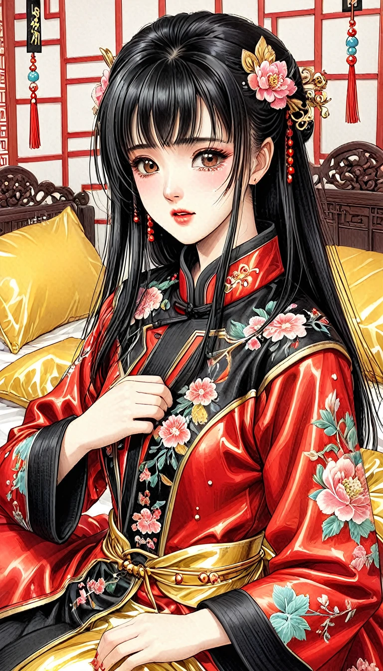 Beautiful 15 year old Chinese Kung Fu girl princess with long black hair　Gorgeous embroidery, Ultra glossy, She is wearing a shiny red long sleeve kung fu jacket....　　She becomes the victim of a lascivious ritual, her body bound to a gold futon, her pussy exposed and blushing.　She was laying eggs in great pain.　She is crying and gasping and scared　She is wearing drawers