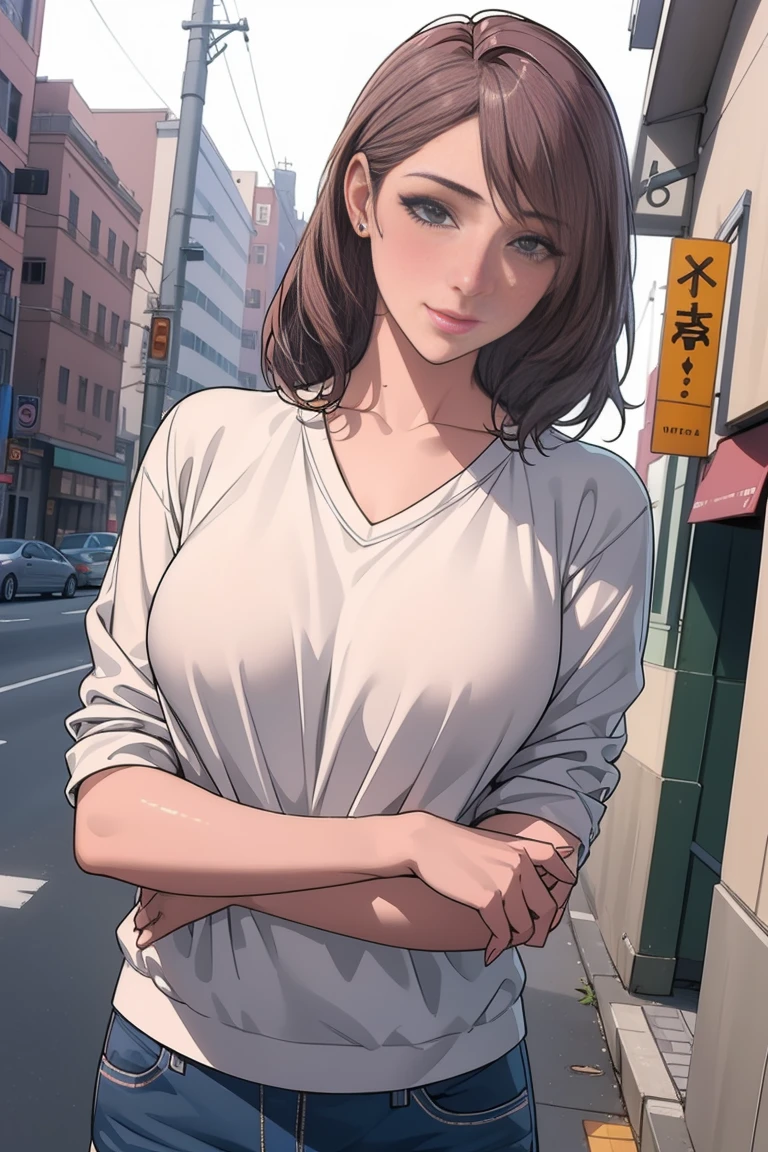 Girl in casual clothes chest、neckline、urban landscape、flirtatious look、((Very detailed))、(Perfectly detailed face)、(Detailed hands) photorealistic images。