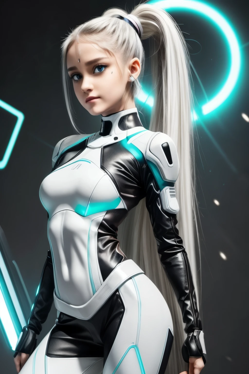 Full body cyber girl with a ponytail. Ariana Grande's face. Bright white color to show she's a cyber girl whit laser rifle. white eyebrows. clothing like catsuit. She also has bright blue eyes. The environment is terminator like. Hair is platina. She is lit with the bright blue color on one side of her face. Led like. And both hands have the led light too.