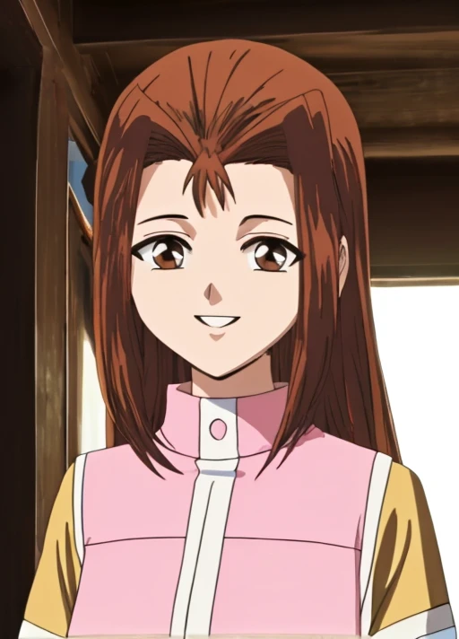 masterpiece, Highest quality, Very delicate and beautiful, High resolution, original, Serenity DM, Long Hair, Brown Hair, Pink Shirt, Upper Body, smile