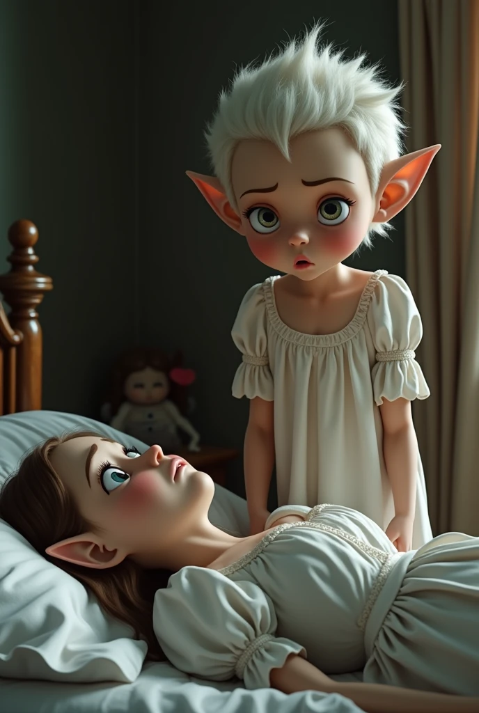 Young stern-faced male elf with platinum hair stands angrily in his nightclothes over a frightened young female elf lying on a bed in a Pride and Prejudice-style nightgown. 