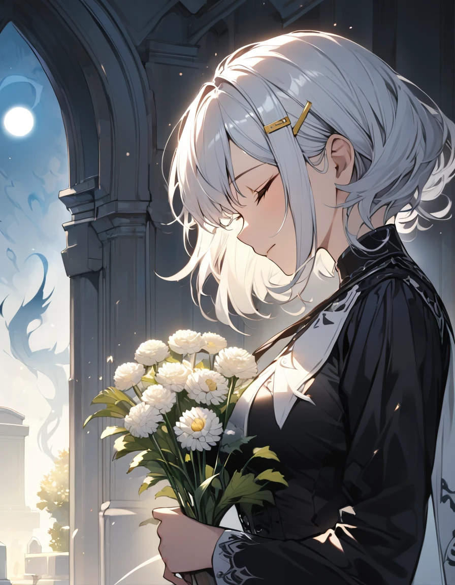 (masterpiece)、(absurdres)、(ultra detailed)、(8k)、solo girl、 (shiny white hair)、shortcut hair、(closed eyes)、(middle breast:0.8),BREAK、(yellow hairpin)、BREAK、Mourning clothes、half-closed eyes,Cemetery、closed mouth,spirit、happy,sun lighting,side view,Holding a white chrysanthemum flower、