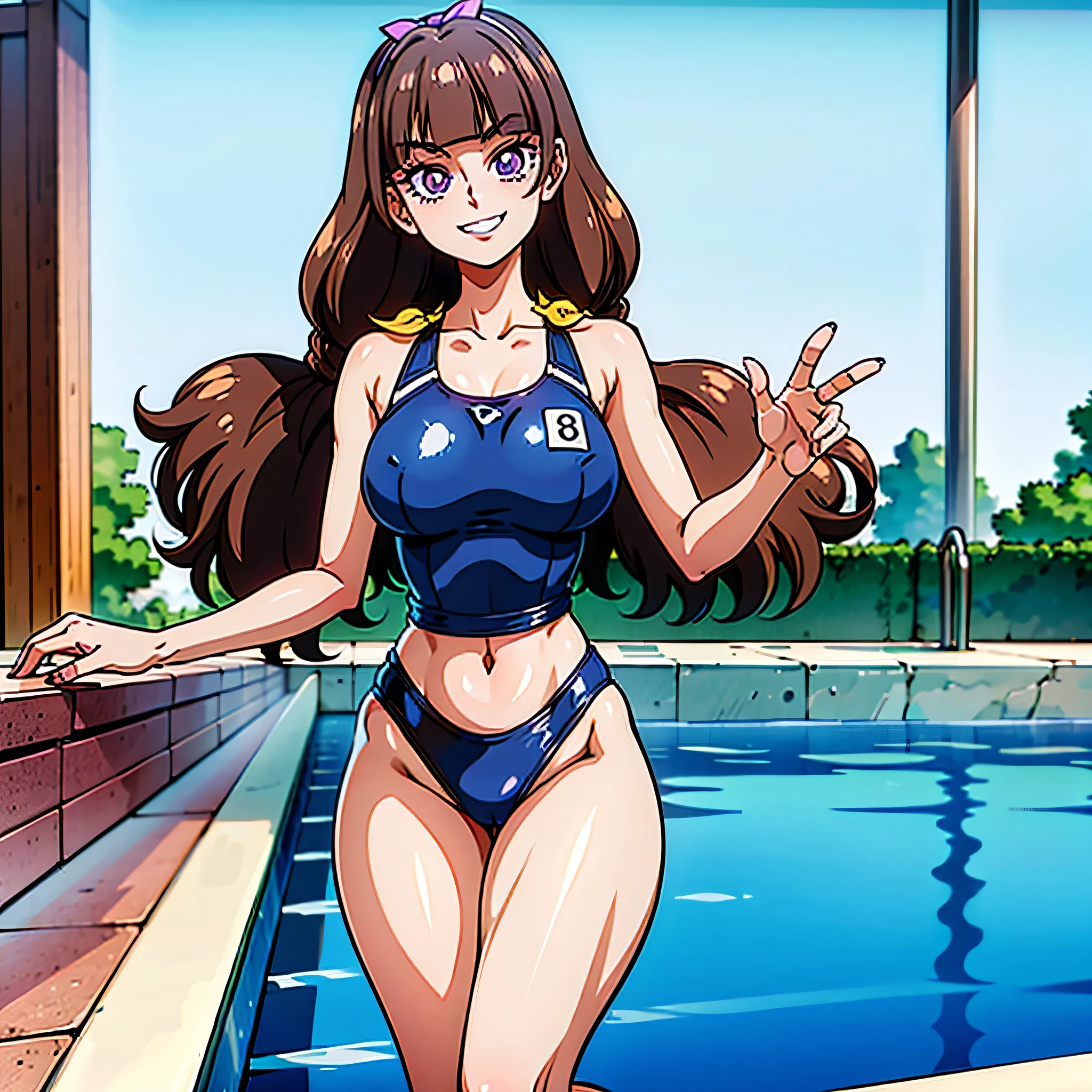 (1 girl), (solo), ((amanogawaki)), best quality, highres, high quality, 8k, HD, super detail, anatomically correct, UHD, accurate, (masterpiece:1.0), (high quality:1.0), (ultra detailed), (Swimming Pool), Looking Front, Looking At viewer, smug grin, detailed eyes, (Black swimsuit), (perfect hands), (Thick Hips), (Thick Thighs), Purple eyes, (detailed eyes)